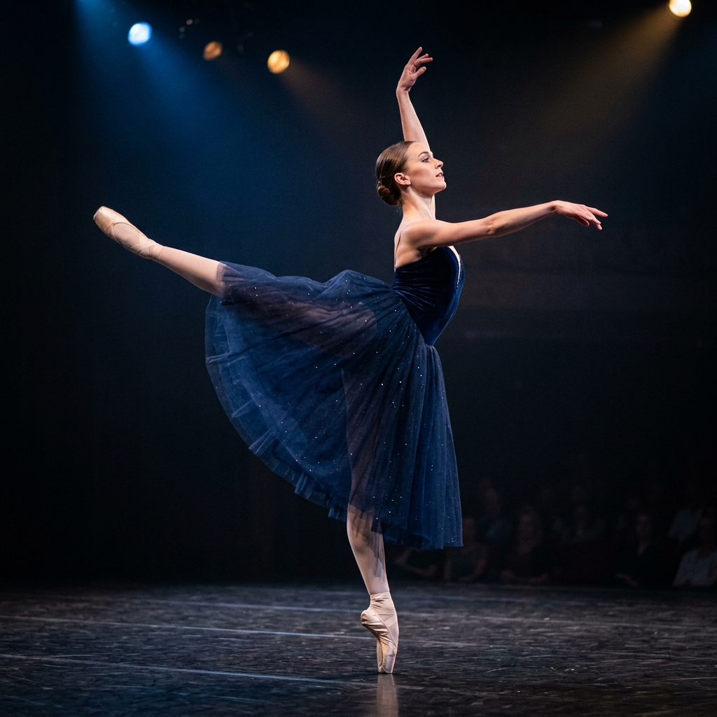 Professional ballerina performing a graceful arabesque pose en pointe under dramatic spot-lit action lighting